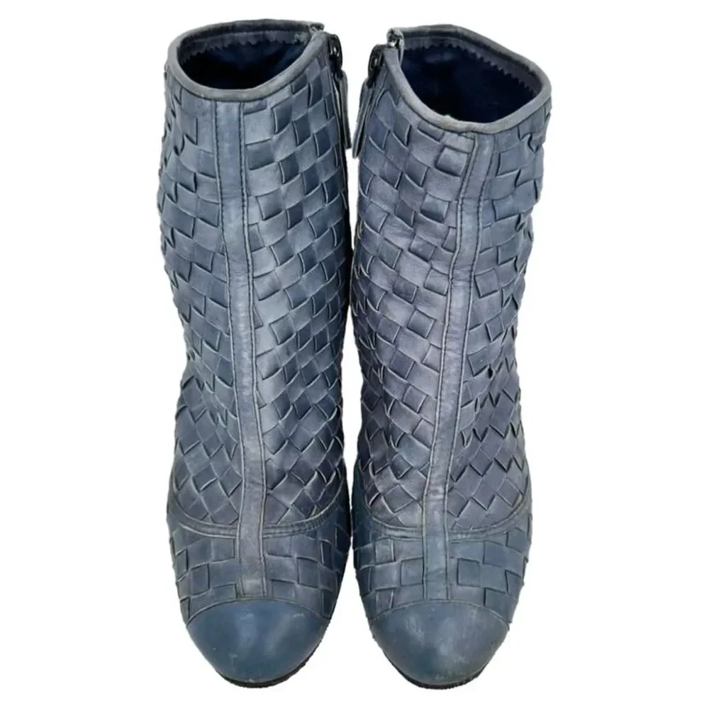 Chanel CC Woven Accent Ankle Boots in Blue Leather